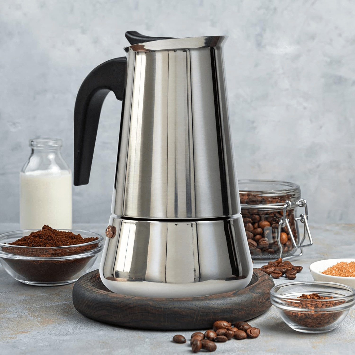 Cafetera Italiana 9 Tazas, Hecha de Acero Inoxidable, Mango Antiquemaduras, Compatible con Vitrocerámica, Gas, Inducción y Eléctrico, Capacidad de 600 gr de Café, Hasta 9 Tazas de Café, Fácil Limpieza