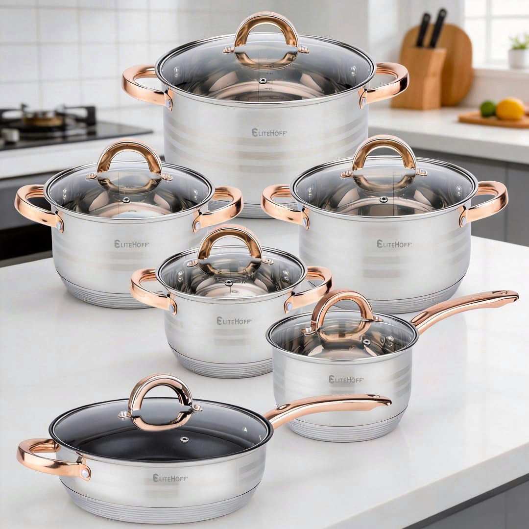 Batería de Cocina 12 Piezas, Juego de Ollas, Cazo y Sartén de Acero Inoxidable, Tapas Incluidas, Apto para Lavavajillas, Apto para Cocina Eléctrica, Gas, Vitrocerámica e Inducción
