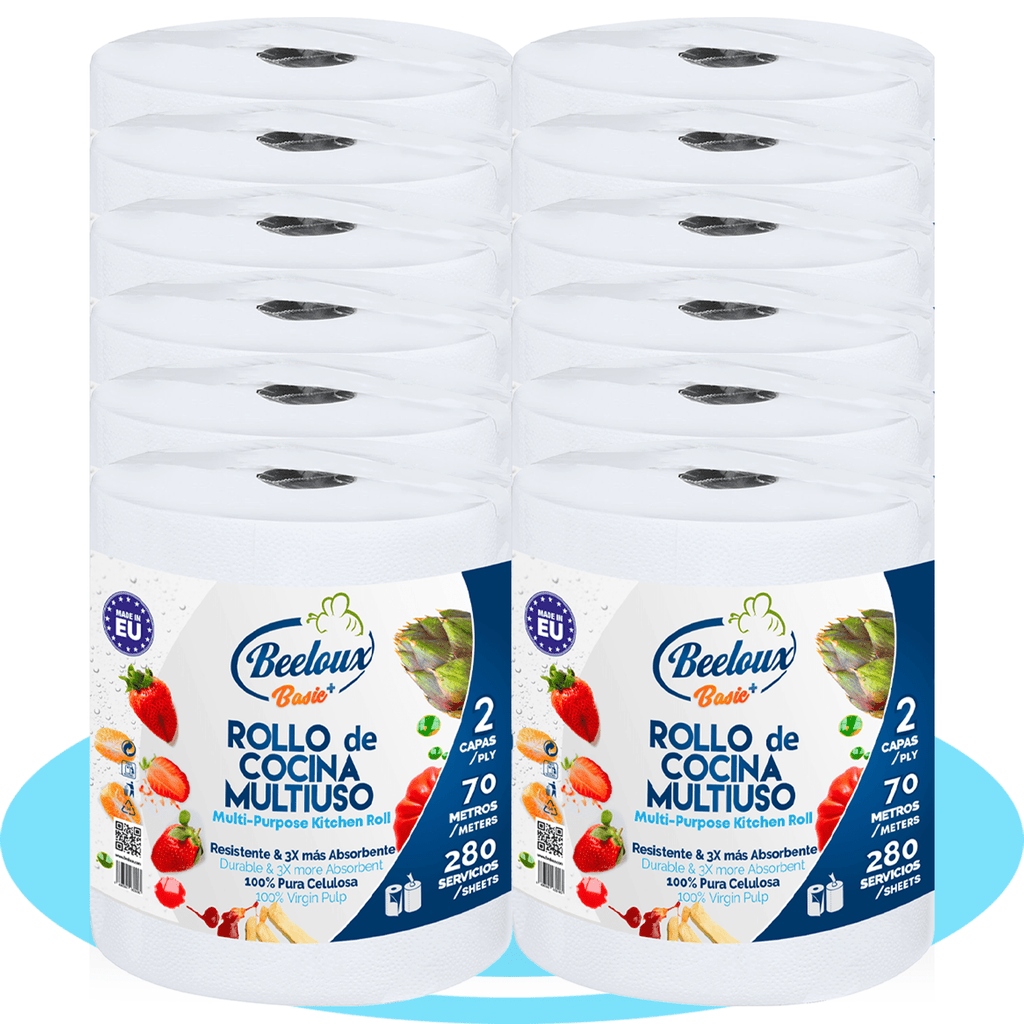 Rollo Papel Cocina Multiuso de 2 Capas, Rollo de Toallas de Papel, Resistente y Muy Absorbente, Hecho con Celulosa Pura, Hasta 280 Usos, 70 metros
