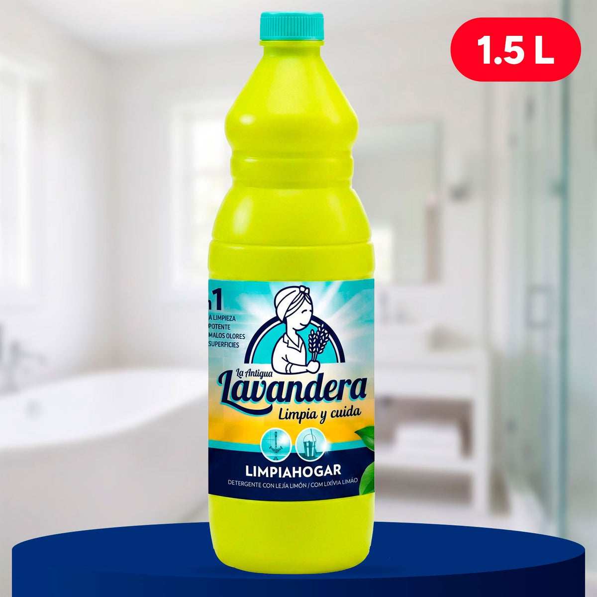 La Antigua Lavandera Lejía con Detergente Limón, Limpiador Multiusos para Suelos, Baños y Cocinas, Limpieza Potente con Aroma Fresco a Limón, 1.5 L