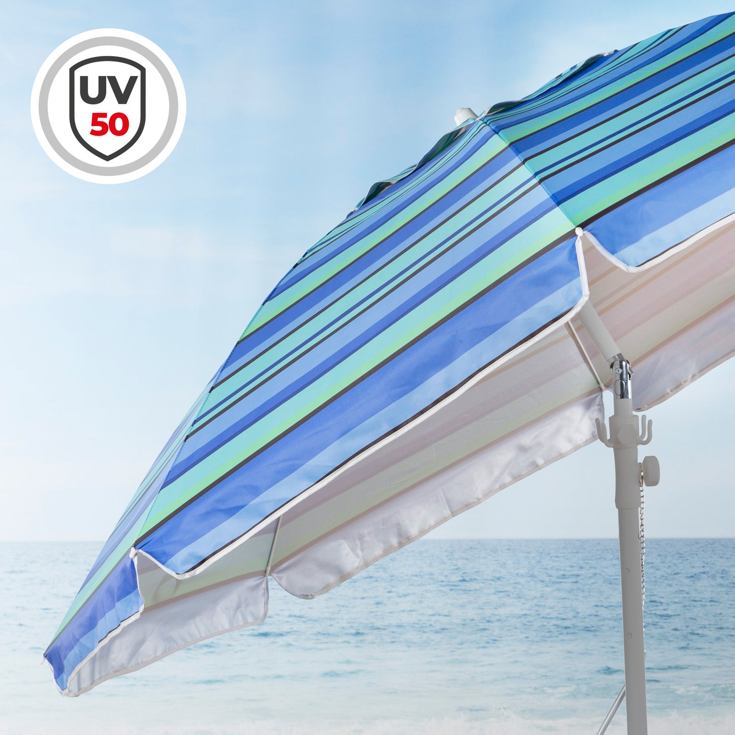 Sombrilla Playa Grande con Para Viento, 210 cm, Inclinable, Incluye Mesa con Reposavasos, Colgador con Ganchos, Protección UV 50, Diseñado para Favorecer la Ventilación, Tela Oxford con Revestimiento, 8 Varillas Resistentes, Ancho Tubo 28/32mm