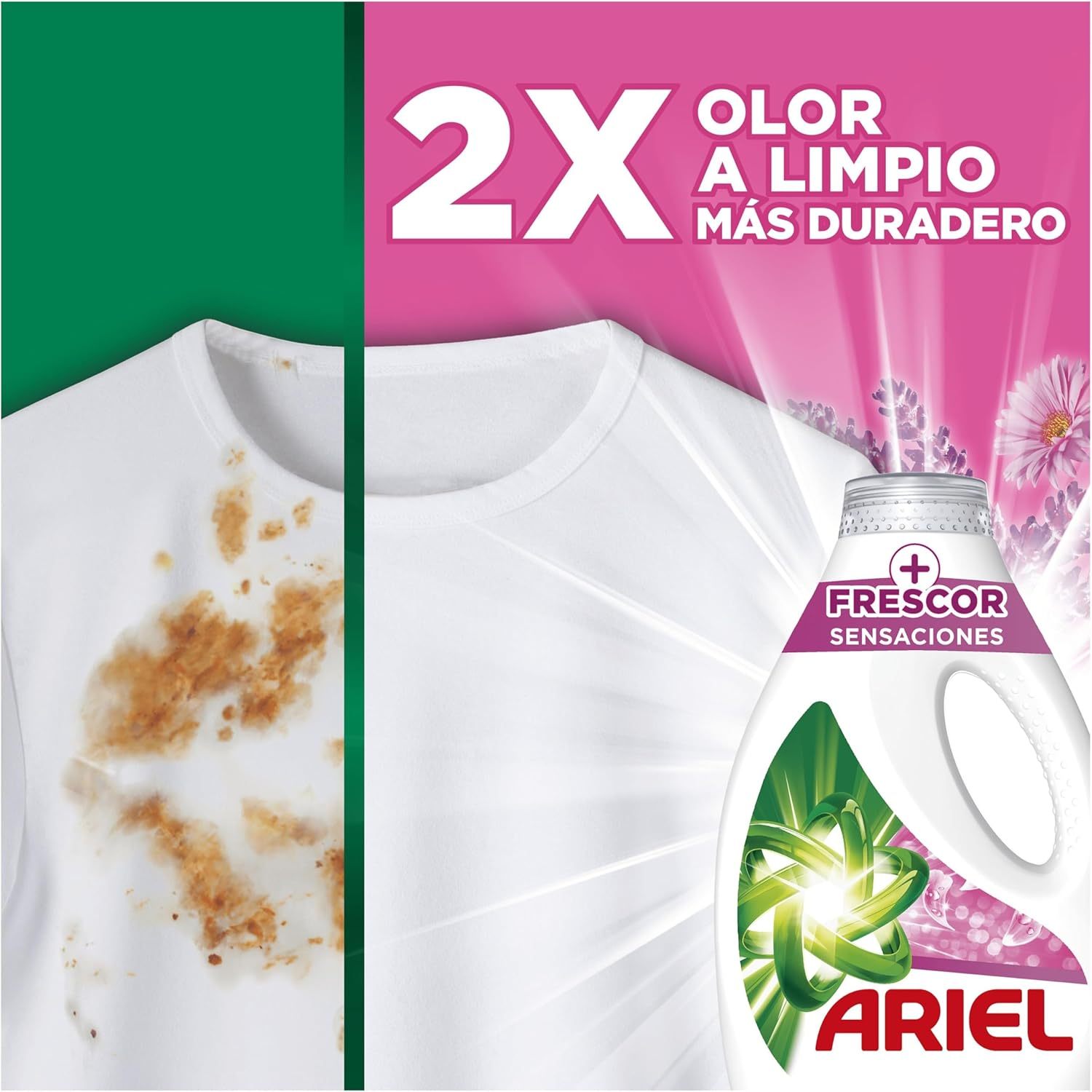Ariel Detergente para Lavadora Liquido, 30 Lavados por Botella, Jabon Lenor Frescor Sensaciones, Limpieza Mejorada en Ciclos Mas Frios con la Exclusiva Tecnologia de Limpieza en Frio