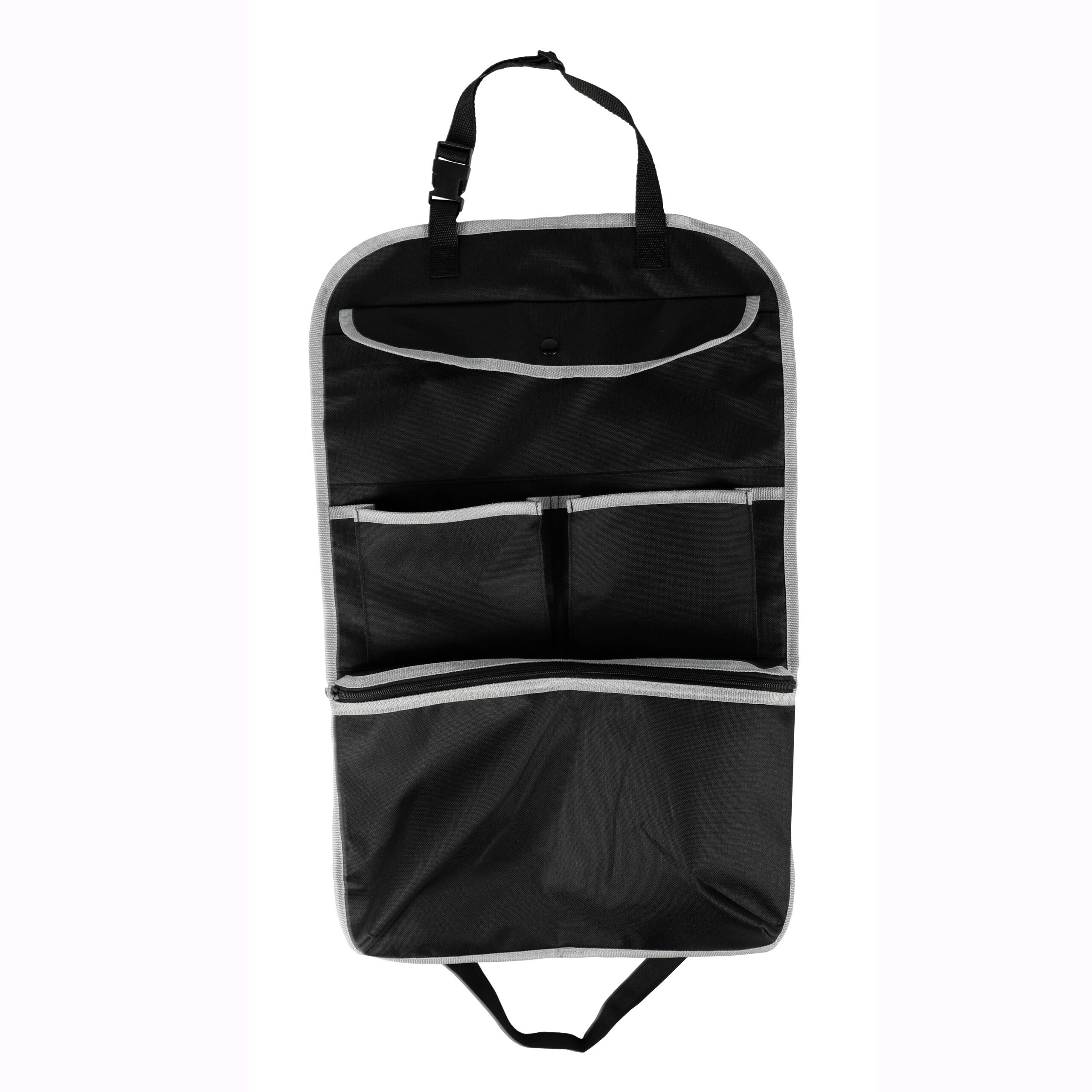 Organizador Asiento Coche, Correa Ajustable para Fácil Instalación, Ideal para Viajes Largos, 2 Compartimentos de Bolsillo: Compartimento Grande con Cremallera, Compartimento Grande con Botón de Cierre. 65 x 41 cm