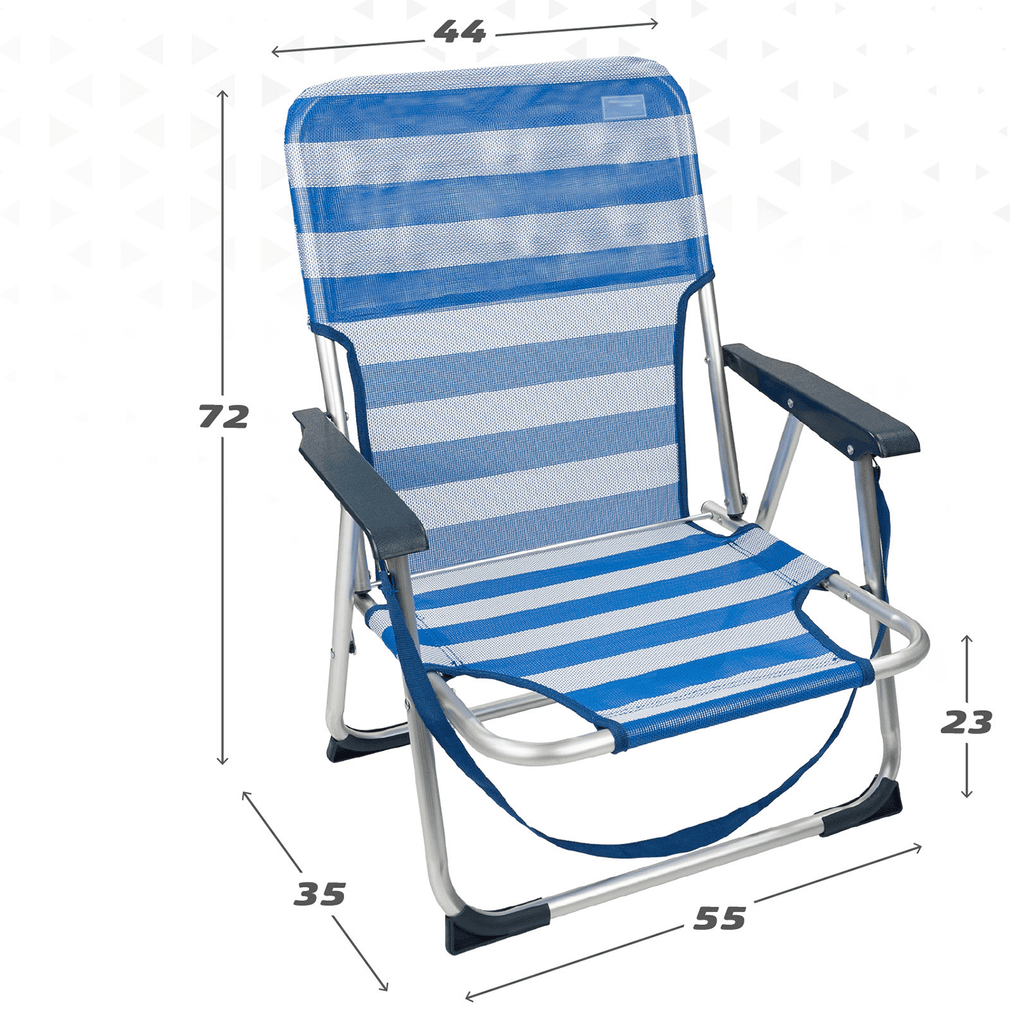 Silla Plegable Playa Reclinable y Resistente. Soporta hasta 100kg. Posición fija. Sistema Antivuelco. Ideal para Playa, Jardín, Terraza o Camping. 44x40x72cm