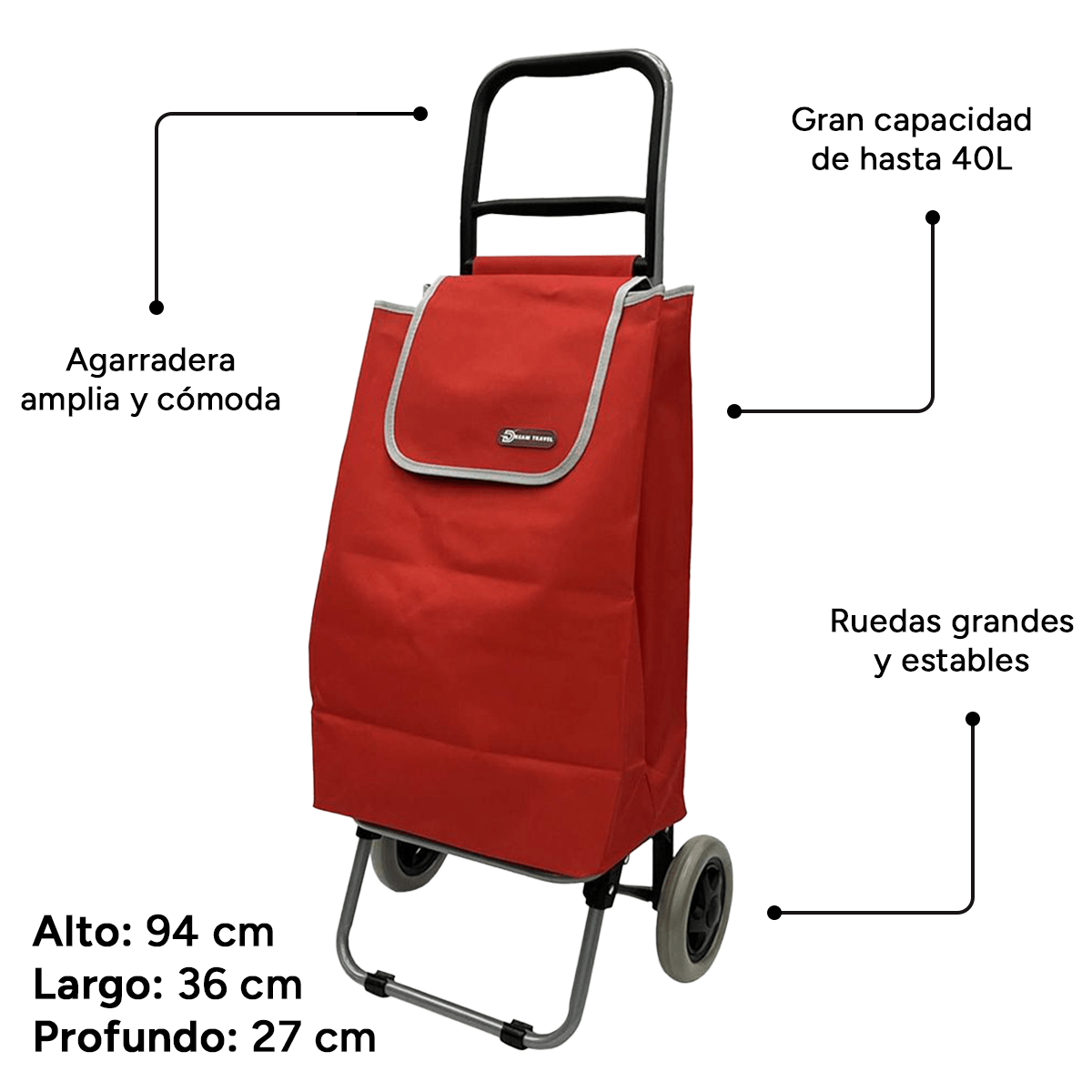 Carro Compra Plegable, Carro Plegable con Ruedas, Gran Capacidad de 40 Litros, 2 Ruedas Grandes Resistentes y Estables, Bolsa Desmontable Facilita Carga y Descarga de tus Compras, Fácil de Limpiar, Alto: 94 cm x Largo: 36 cm x Profundo: 27 cm