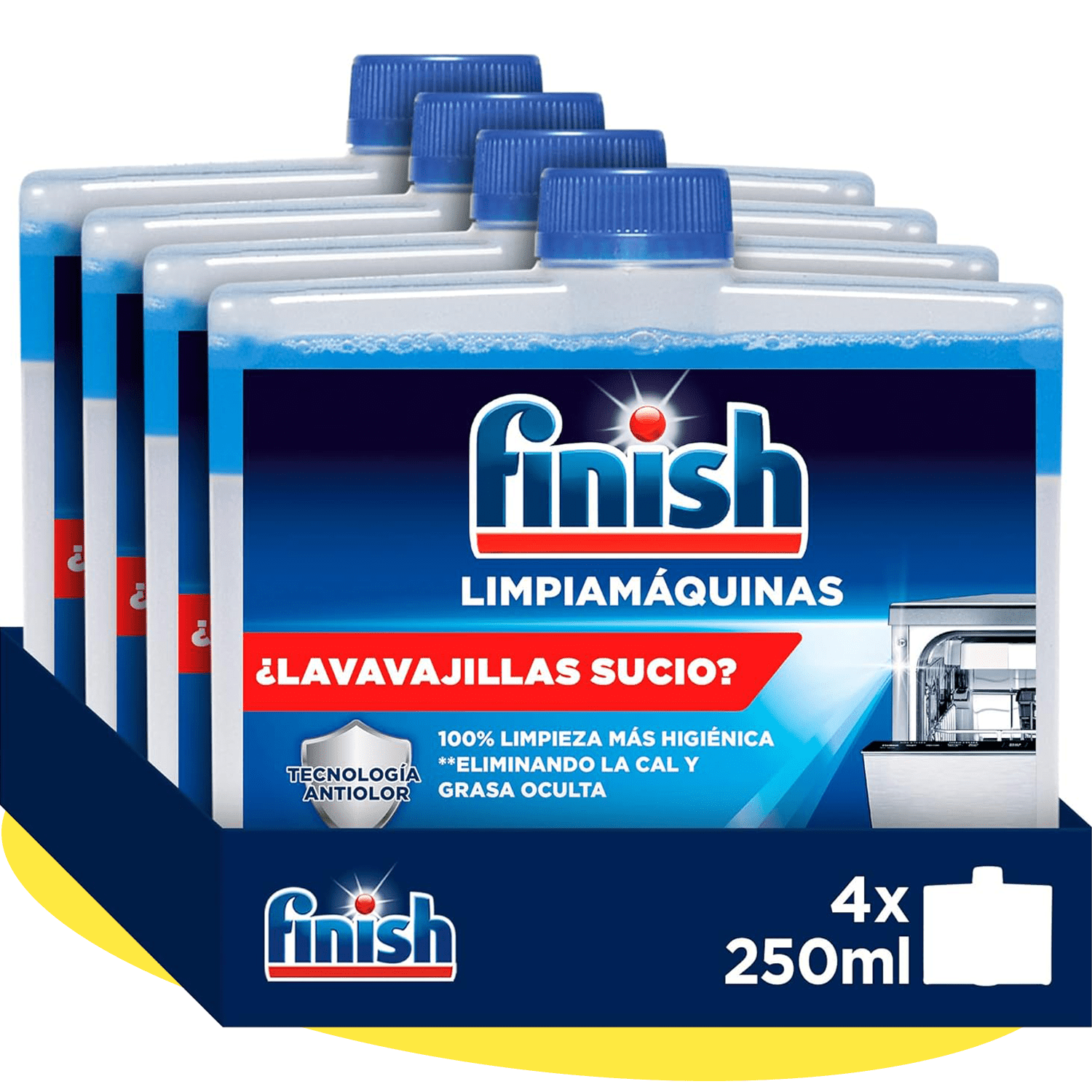 Finish Limpiamáquinas Líquido para Lavavajillas, Limpieza Profunda, Elimina Cal y Grasa Oculta, Contra el Mal Olor, Lavavajillas Líquido Pack Ahorro 4 x 250ml