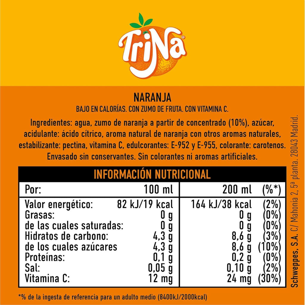 Trina Naranja, Refresco Sin Gas de Naranja, Refresco Bajo en Calorías, Paquete de 24 Latas de 330 ml
