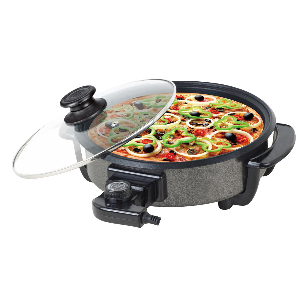 Paellera Eléctrica, Plato de Pizza, Sartén Eléctrica con Tapa de Cristal Templado y Revestimiento Antiadherente, Potencia 1500W, Control de Termostato Ajustable, Asas para Facilitar el Transporte, Fácil de Limpiar