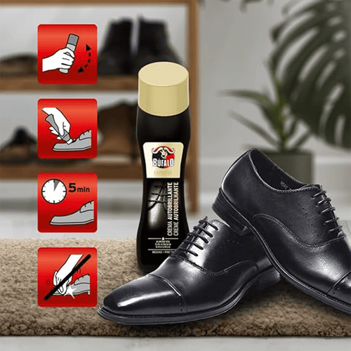 Búfalo Crema para Zapatos Autobrillante Color Negro, Formulada con Aceite Natural de Almendras, Cuidado del Calzado y Color, Brillo Intenso Inmediato, Frasco de 50ml