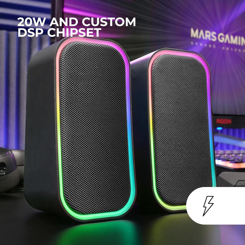 Mars Gaming MS-OM, Altavoces Gaming 20W, Iluminación Dinámica RGB, Altavoces Bluetooth 5.3 + AUX-IN, Caja de Control de Volumen, Chipset DSP Personalizado, Compatibilidad Universal, Negro