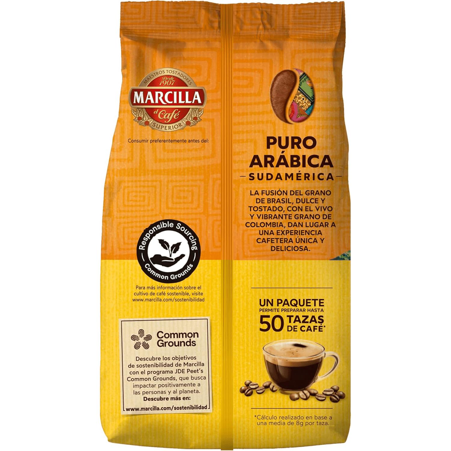 Marcilla Café Grano Puro Arábica Sudamérica Brasil & Colombia, Intensidad y Tostado Medio, Gran Aroma, Dulce, Vibrante y con Notas a Caramelo, Café en Grano Listo para ser Molido, 400g x 2 (800g)