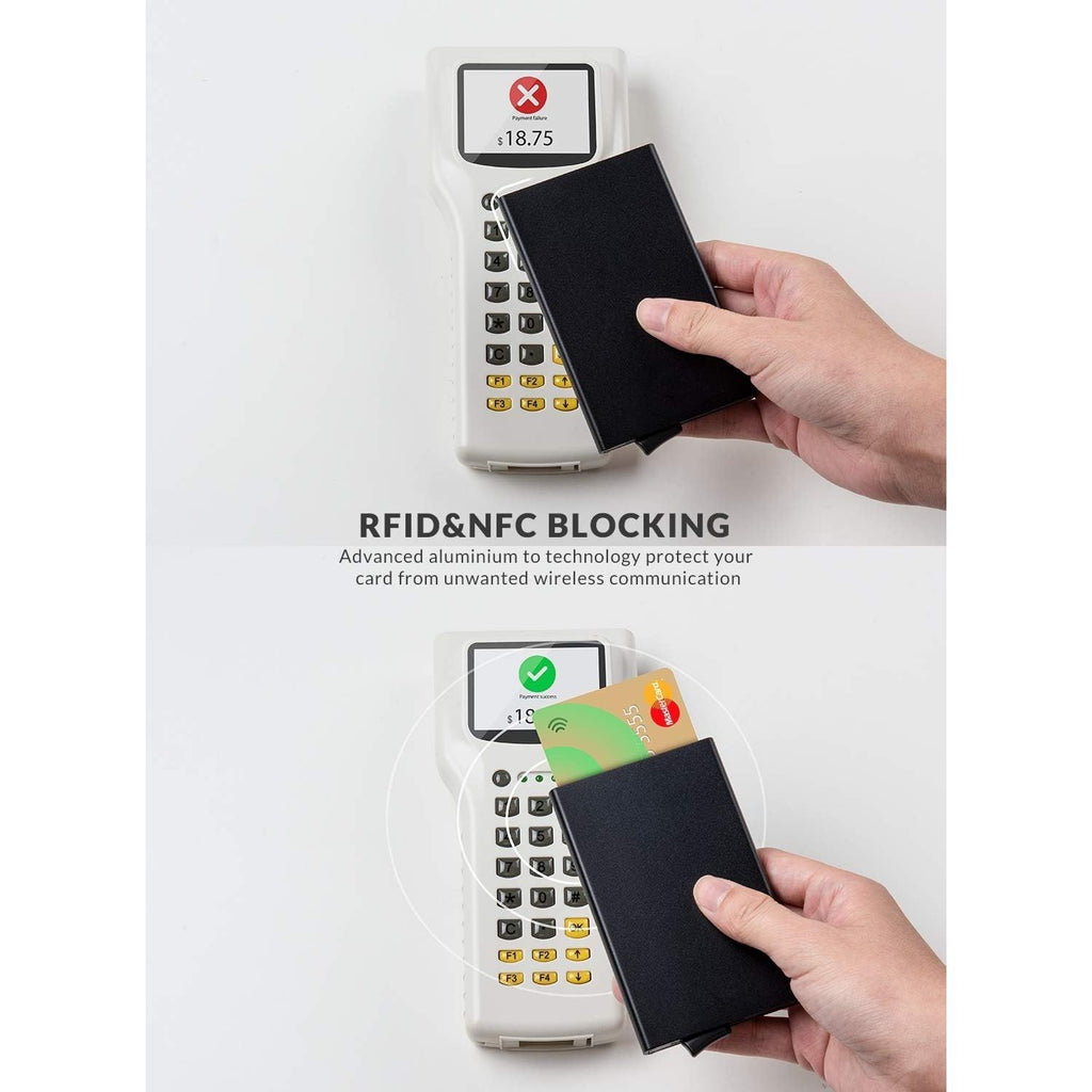 Tarjetero Aleación de Aluminio Unisex Super Delgado con Capacidad para 6 Tarjetas, Protección Contra Cobros No Autorizados, Bloqueo de RFID y NFC, Bloqueo de Seguridad Anti pérdida, Botón de Acceso Rápido