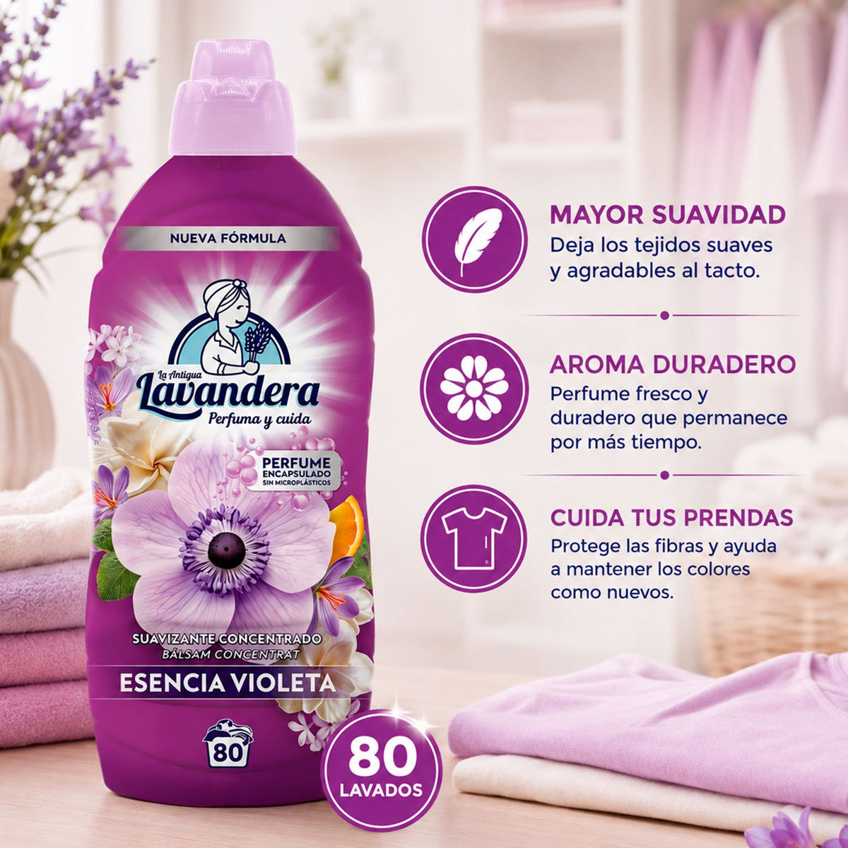 La Antigua Lavandera Suavizante para Ropa, Aroma Esencia Violeta, Pack de 6 Botellas de 1.76 L Cada Una, 10.56 L en Total, 480 Lavados