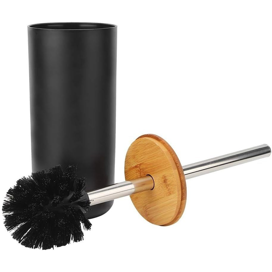 Set de Baño Completo, Conjunto Accesorios Baño Diseño Moderno y Elegante, Incluye Soporte para Cepillos de Dientes, Dispensador de Jabón Líquido, Vaso, Jabonera y Escobilla de Baño, Color Negro, Fabricado en Plastico Resistente y Bambú