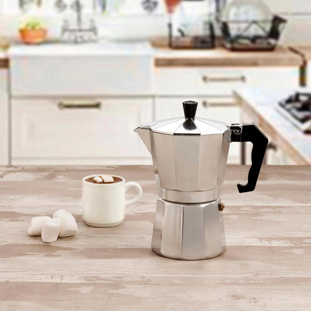 Cafetera Italiana 9 Tazas, Cafetera Italiana de Aluminio con Mango Ergonómico, Compatible con Cocina de Gas, Vitrocerámica e Inducción, Válvula de Seguridad