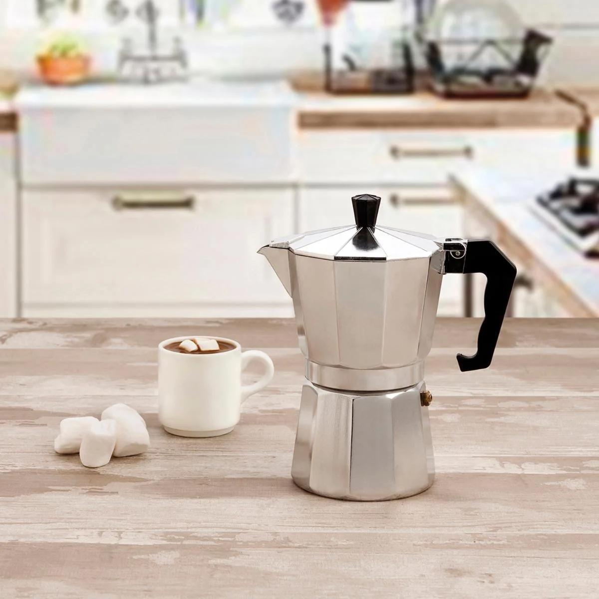 Cafetera Italiana 9 Tazas, Cafetera Italiana de Aluminio con Mango Ergonómico, Compatible con Cocina de Gas, Vitrocerámica e Inducción, Válvula de Seguridad