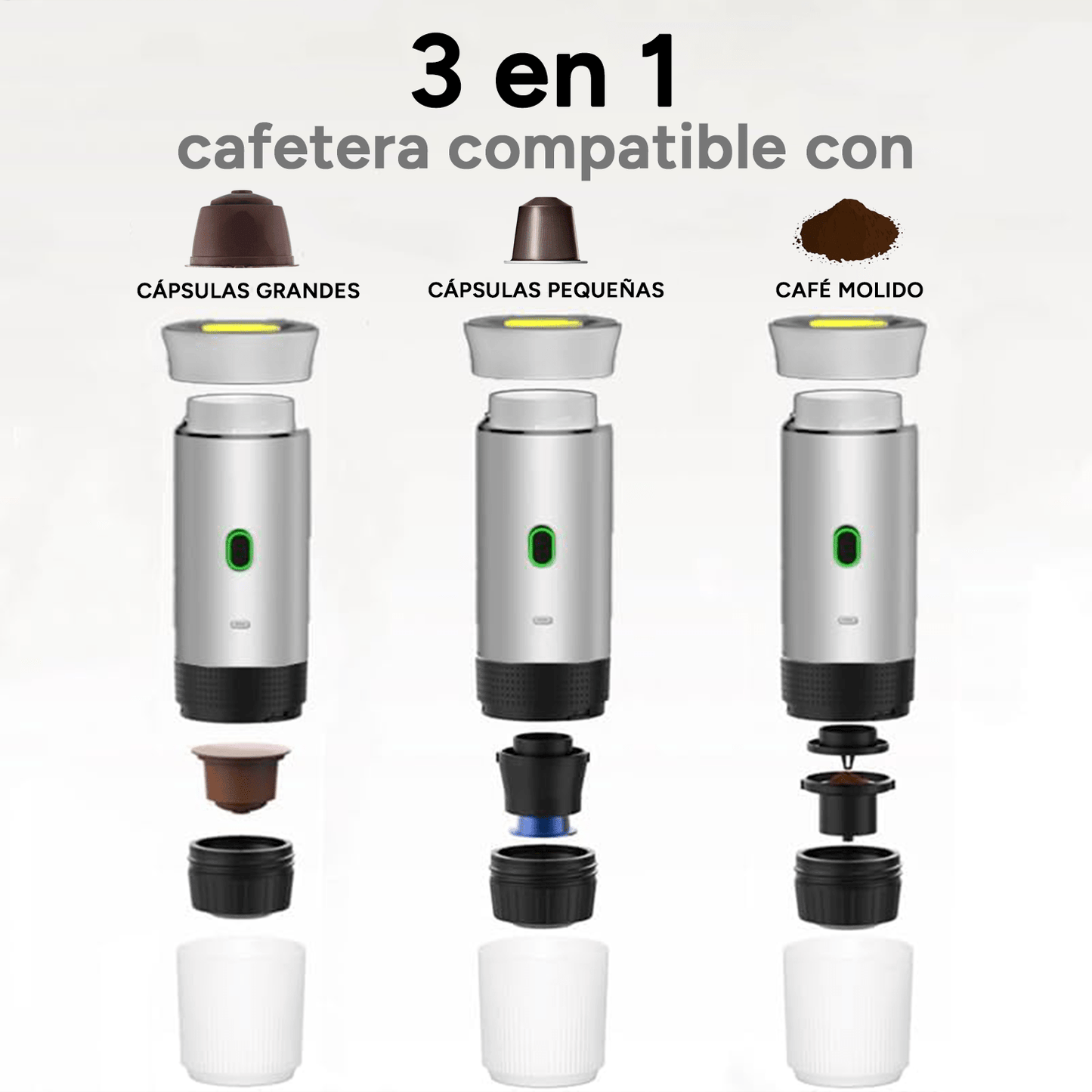 Maquina Café Espresso Portátil, Compatible con Cápsulas Pequeñas, Grandes y Café Molido, Fácil de Limpiar, Carga USB-C, Hasta 50 Cafés por cada Carga Completa, Compacto y Ligero Ideal para Fuera de Casa, Trabajo, Oficina, Viaje, Excursión