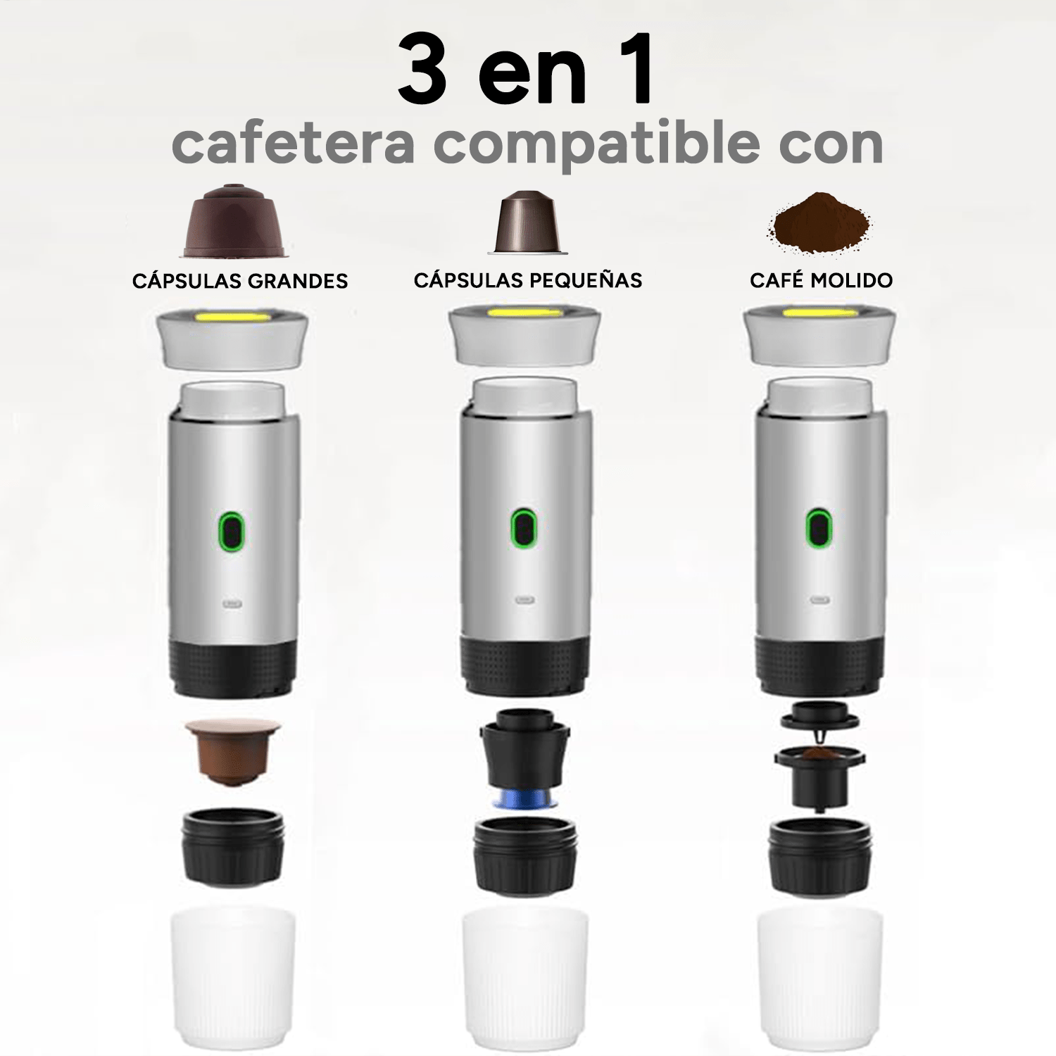 Maquina Café Espresso Portátil, Compatible con Cápsulas Pequeñas, Grandes y Café Molido, Fácil de Limpiar, Carga USB-C, Hasta 50 Cafés por cada Carga Completa, Compacto y Ligero Ideal para Fuera de Casa, Trabajo, Oficina, Viaje, Excursión