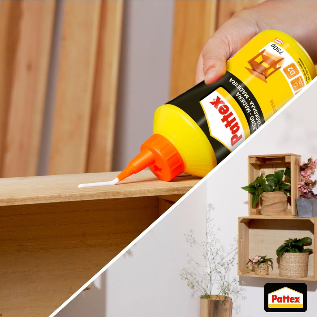 Pattex Cola para Madera Express Traslúcida, Cola de Contacto para Madera de Secado Rápido, Adhesivo de Montaje, Ensamblaje, Chapado y Laminado, Botella de 750 g