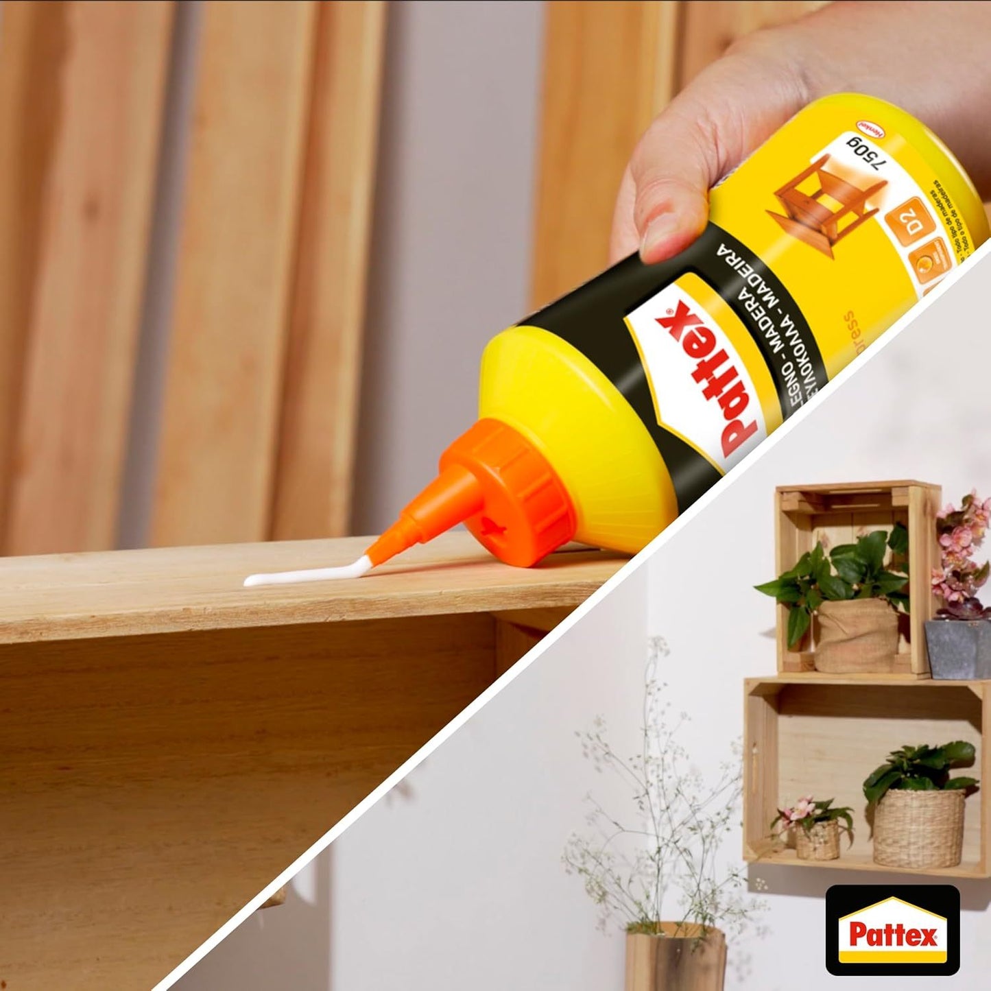 Pattex Cola para Madera Express Traslúcida, Cola de Contacto para Madera de Secado Rápido, Adhesivo de Montaje, Ensamblaje, Chapado y Laminado, Botella de 750 g