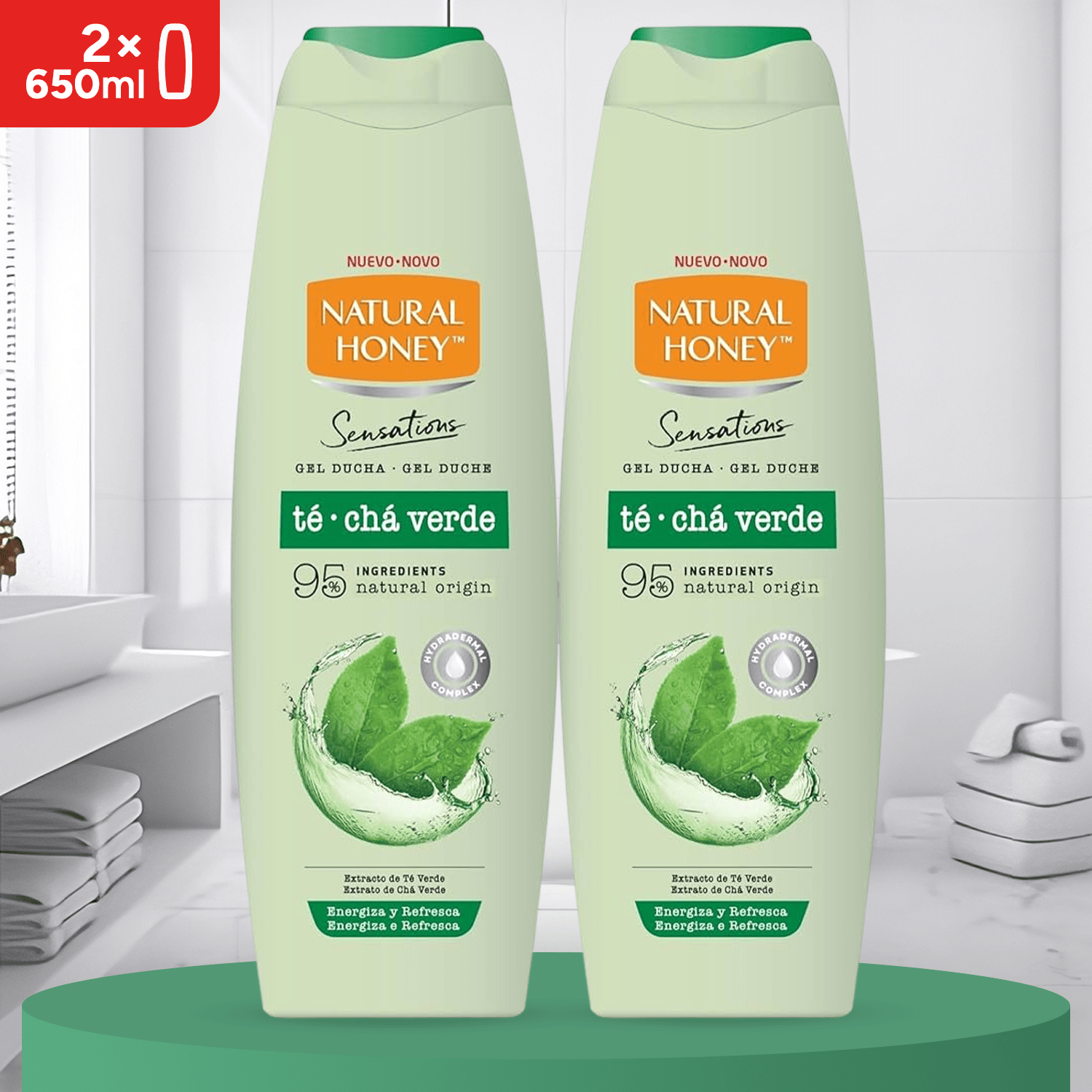 Natural Honey, Gel de Ducha de Té Verde con Propiedades Antioxidantes y Energizantes, con Hydradermal Complex para una Piel Hidratada y Revitalizada, Refrescante y Protector, Línea Sensations, 650 ml