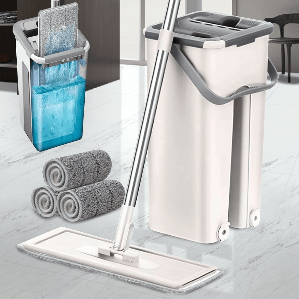 Fregona y Cubo de Limpieza Escurridor con Compartimentos, Cabezal Plano y Flexible Rotación 360. Cubo Escurrefacil. Ideal para Limpiar Suelos, Paredes, Techos, Ventanas, Incluye Recambios Extra