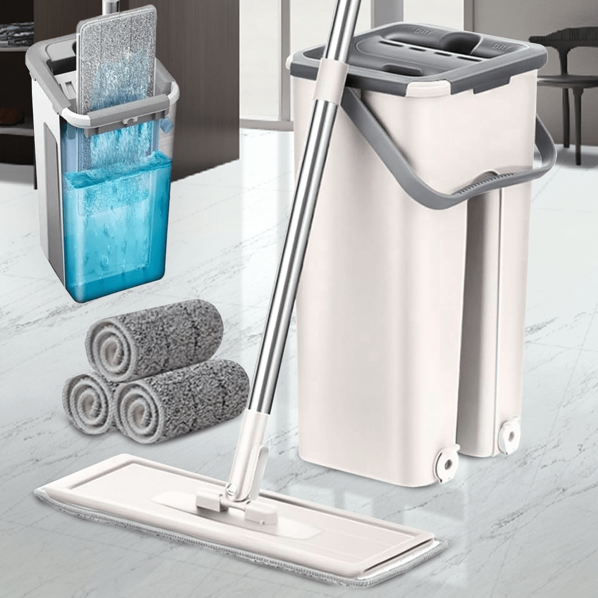 Fregona y Cubo de Limpieza Escurridor con Compartimentos, Cabezal Plano y Flexible Rotación 360. Cubo Escurrefacil. Ideal para Limpiar Suelos, Paredes, Techos, Ventanas, Incluye Recambios Extra