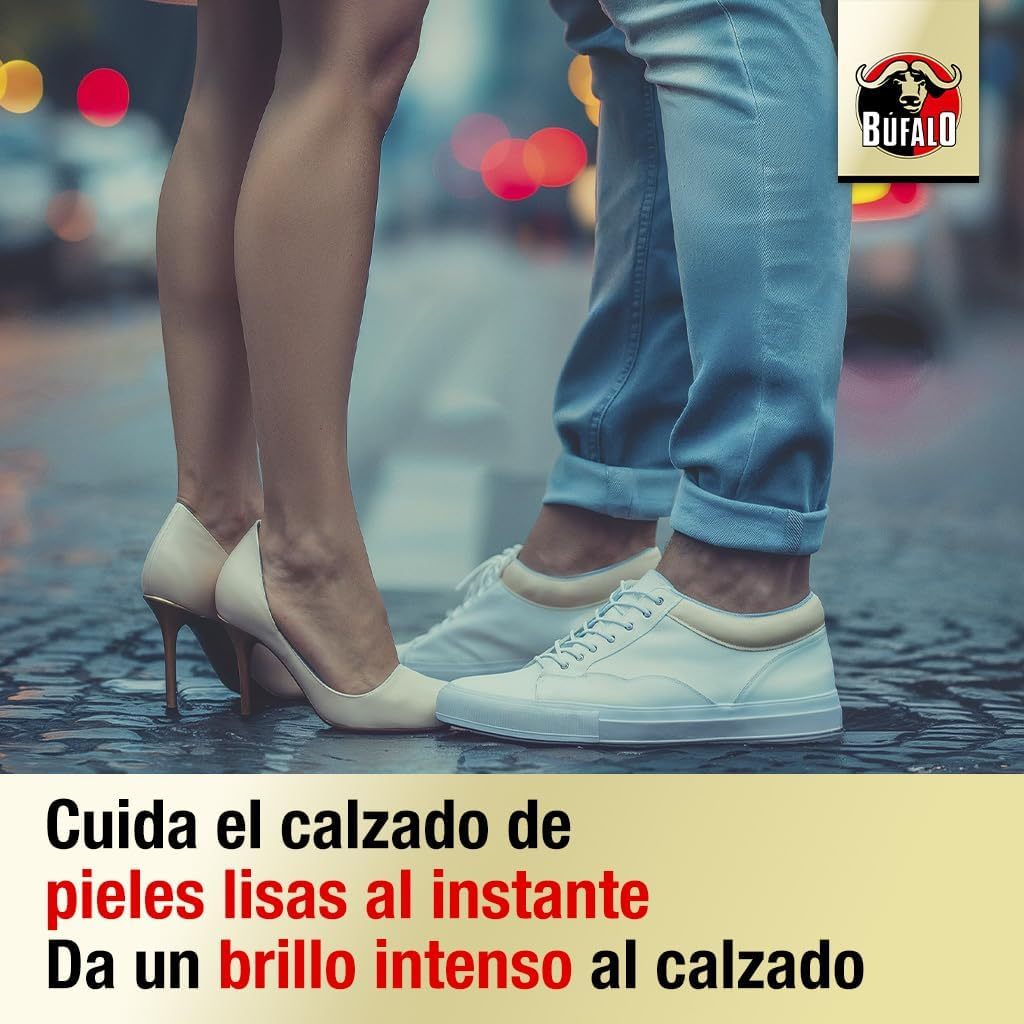 Búfalo Crema para Zapatos Autobrillante Color Blanco, Formulada con Aceite Natural de Almendras, Cuidado del Calzado y Color, Brillo Intenso Inmediato, Frasco de 50ml