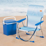 AKTIVE Silla Plegable Playa, Estructura de Aluminio Resistente, Soporta hasta 110Kg, Asiento Bajo, Incluye Reposabrazos, Topes Antivuelco y Asa de Hombro, Color Azul Rayas, 45x40x70 cm