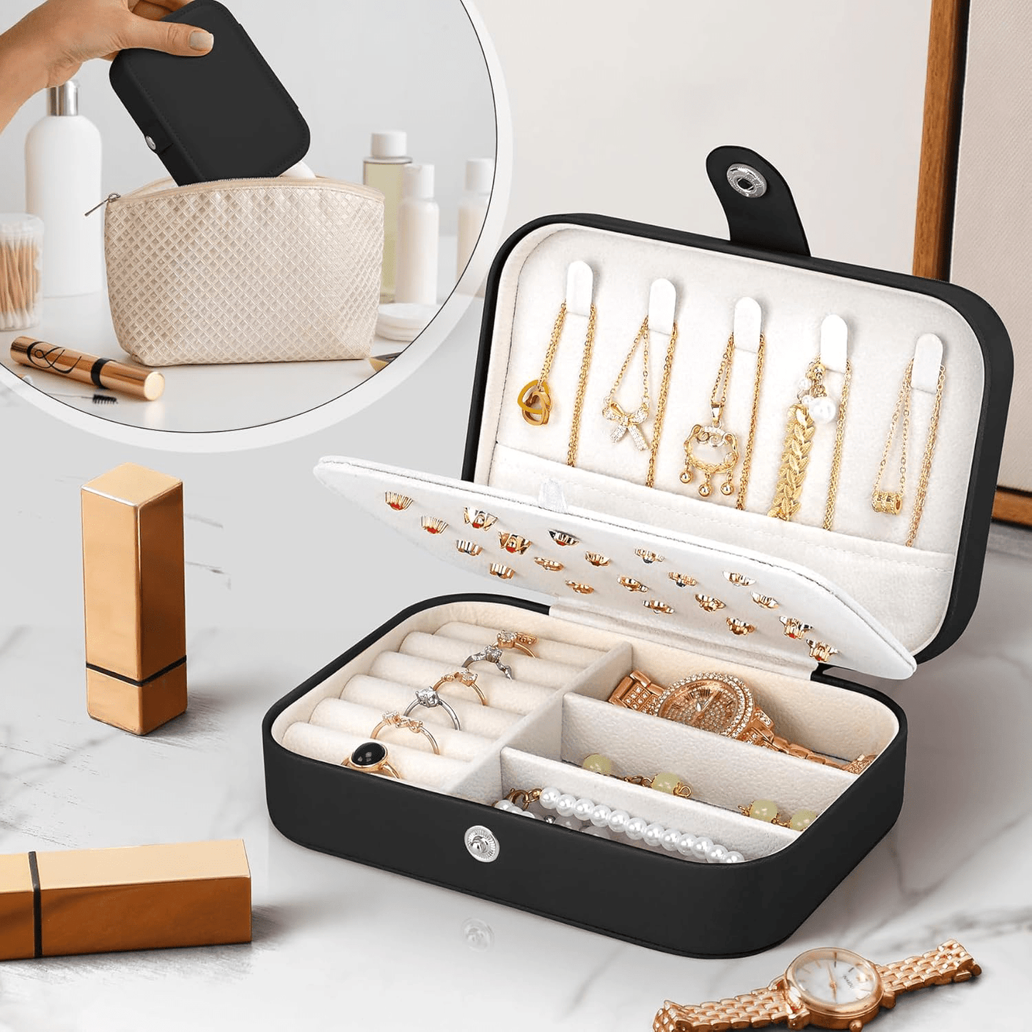 Joyeros Organizador de Mujer con Múltiples Compartimentos y Espacios, Impermeable, Cremallera Resistente, Interior Suave para Proteger las Joyas del Desgaste, 16cm Largo x 11.5cm Ancho x 5cm Alto, Caja Organizadora de Joyas