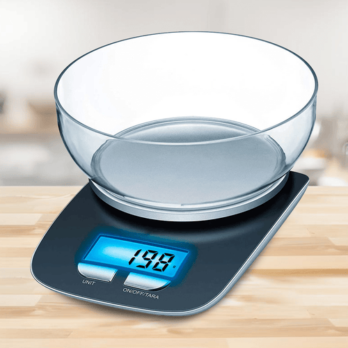 Bascula Cocina con Bol con Capacidad de 1100ml, Carga Máxima de 5Kg, Pantalla LED Retroiluminada, Graduación de 1gr, Unidades de Medida: Kg, Gr, Oz y Lb, Funciona con 2 Pilas AAA, 20.8 x 18,3 cm