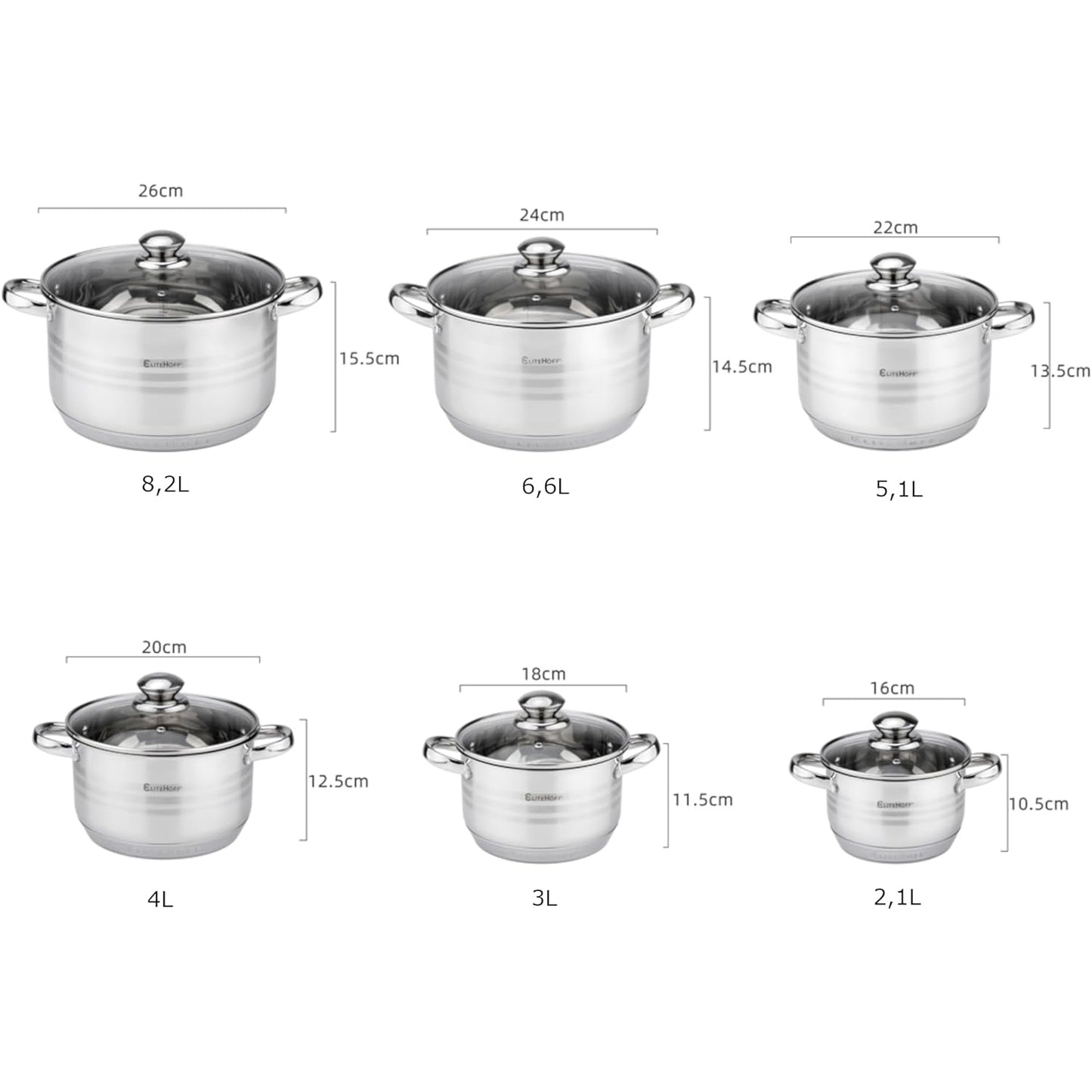 Juego de Ollas de Acero Inoxidable, 12 Piezas, Tapas Incluidas, Apto para Lavavajillas, Apto para Cocina Eléctrica, Gas, Vitrocerámica e Inducción