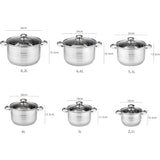 Juego de Ollas de Acero Inoxidable, 12 Piezas, Tapas Incluidas, Apto para Lavavajillas, Apto para Cocina Eléctrica, Gas, Vitrocerámica e Inducción