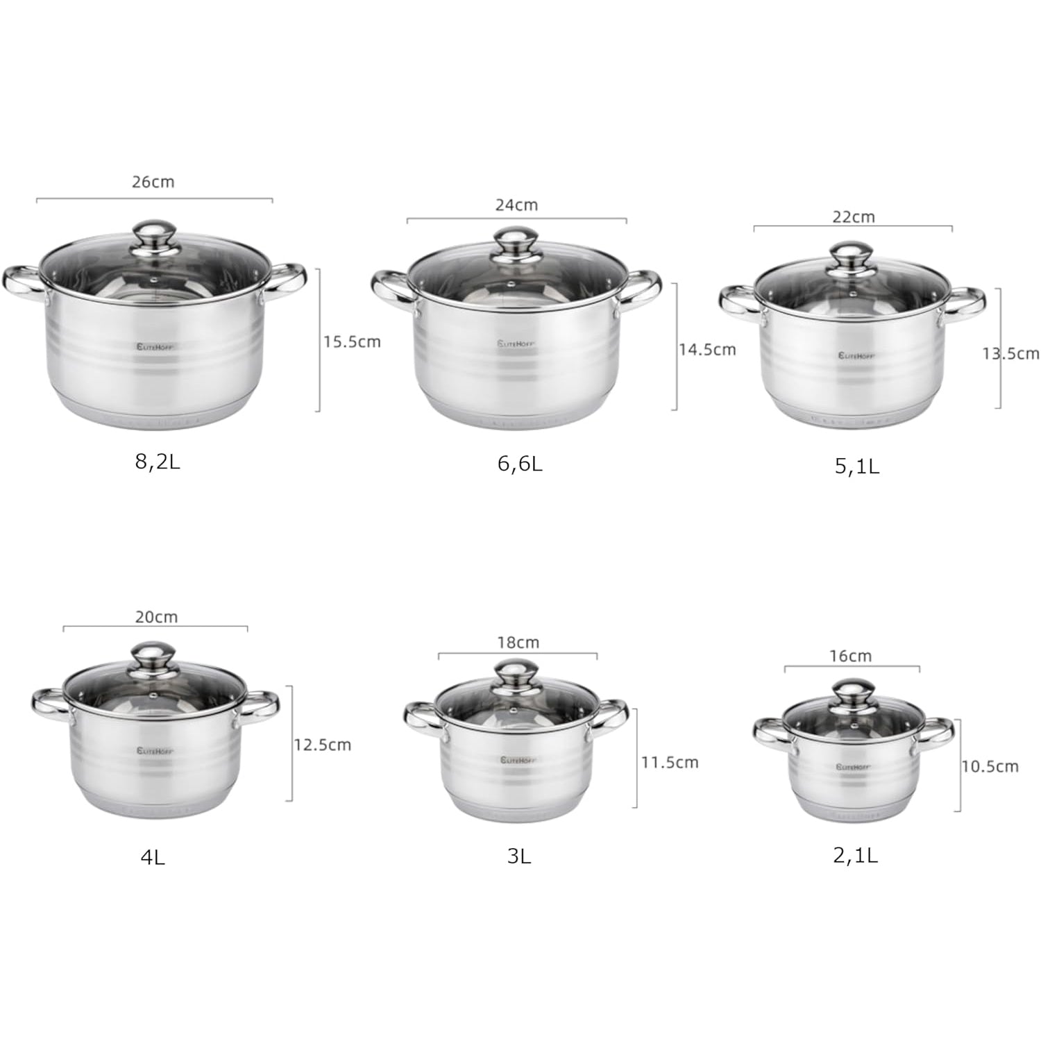 Juego de Ollas de Acero Inoxidable, 12 Piezas, Tapas Incluidas, Apto para Lavavajillas, Apto para Cocina Eléctrica, Gas, Vitrocerámica e Inducción