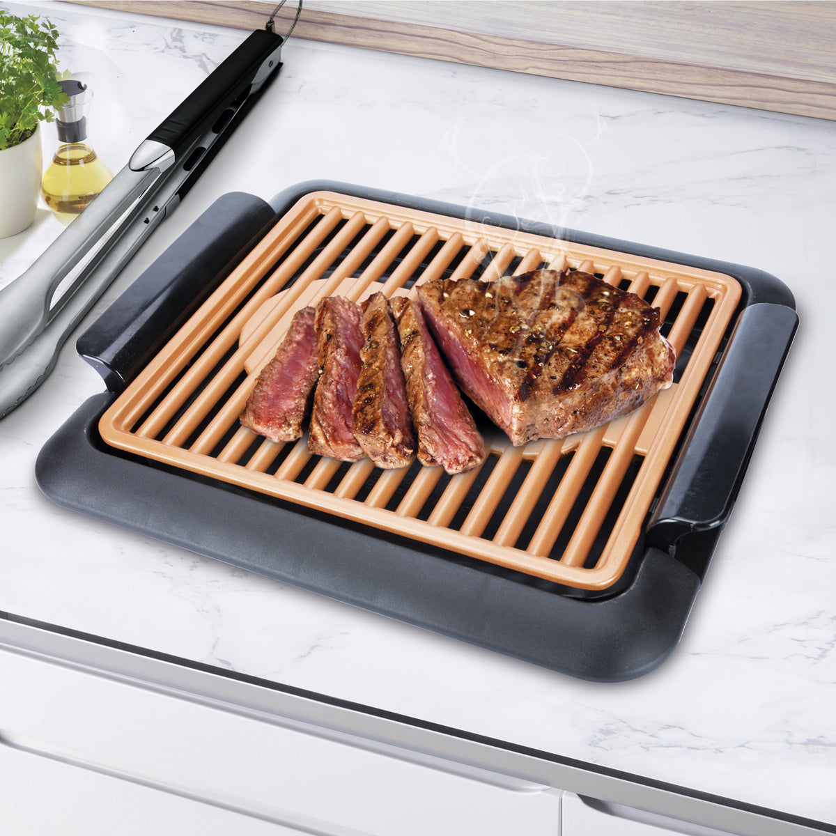 Grill Eléctrico con Doble Bandeja, Diseño Innovador sin Humo, Temperatura Ajustable, Fácil de Limpiar, Asas de Tacto Frío, Gran Superficie, Calentamiento Uniforme, Recubrimiento Anti Adherente, Potencia 1250W, Tamaño 30,5 x 25,5 cm
