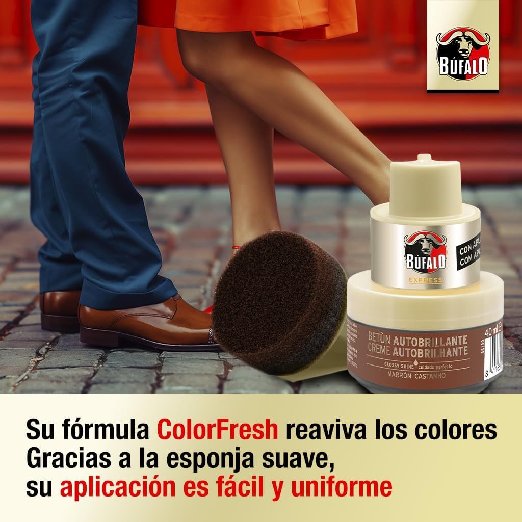 Búfalo Betún Calzado Autobrillante color Marrón, Crema para Zapatos, Aporta Color y Brillo, Esponja Integrada, 40 ml