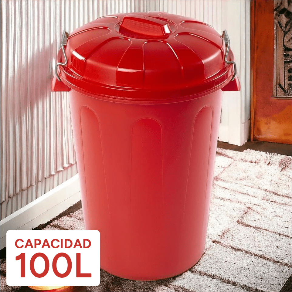 Cubo Basura 100 Litros de capacidad con Tapa. Fabricado en Plastico Resistente, Ideal para Almacenaje de Basura para el Hogar, Oficina o Industria