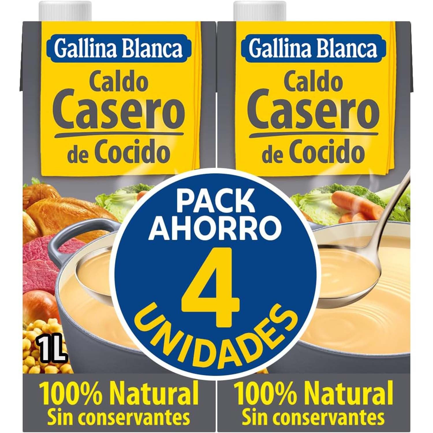 GALLINA BLANCA Caldo Casero de Cocido 100% Natural, Elaborado con Pollo Fresco, Ternera, Garbanzos y Verduras de la Huerta, Cocinado a Fuego Lento. Sin Gluten, Sin Conservantes, 1L por Brick