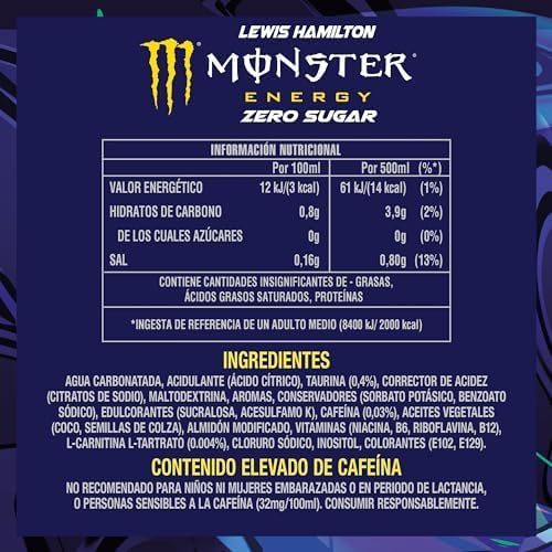 MONSTER ENERGY Top Speed Lewis Hamilton Bebida Energética Sabor Melocotón y Frutas Tropicales, Sin Azúcar, 4 Latas de 500ml