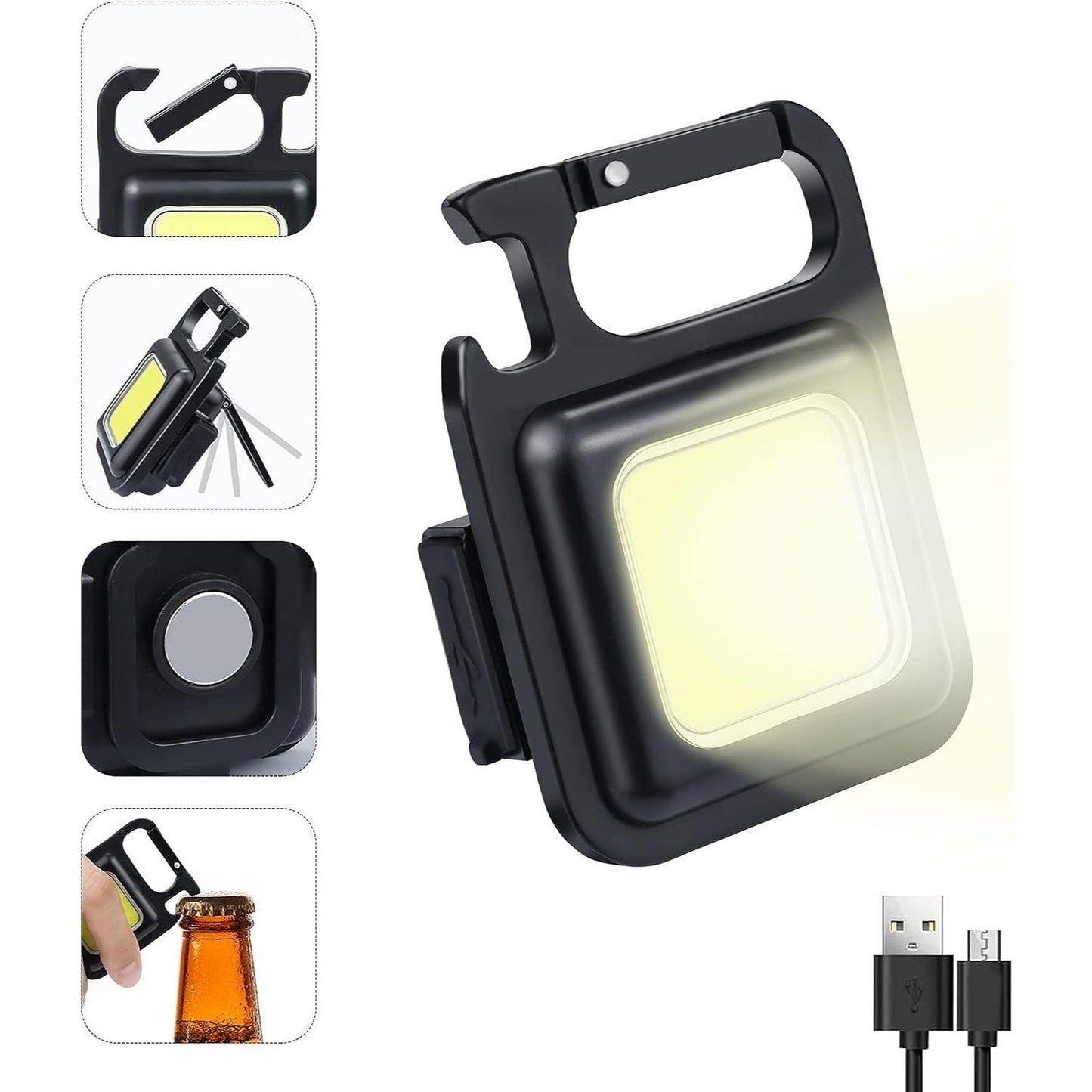 Linterna Llavero LED de 800 Lumen y Gran Angular, Recargable, 3 Niveles de Intensidad, 3-8h Funcionamiento, Impermeable, Carga USB, Linternad e Llavero, Luz de Trabajo, Luz de Emergencia, Base Magnetica y Mango Giratorio, Mosquetón para Facil Fijación