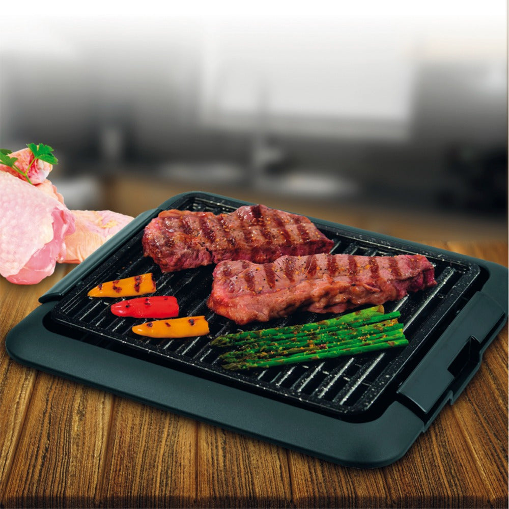 Grill eléctrico sin humos con parrilla de aluminio antiadherente y cable desmontable con termostato regulable potencia de 1250W, superficie de 25.5 × 30.5 cm