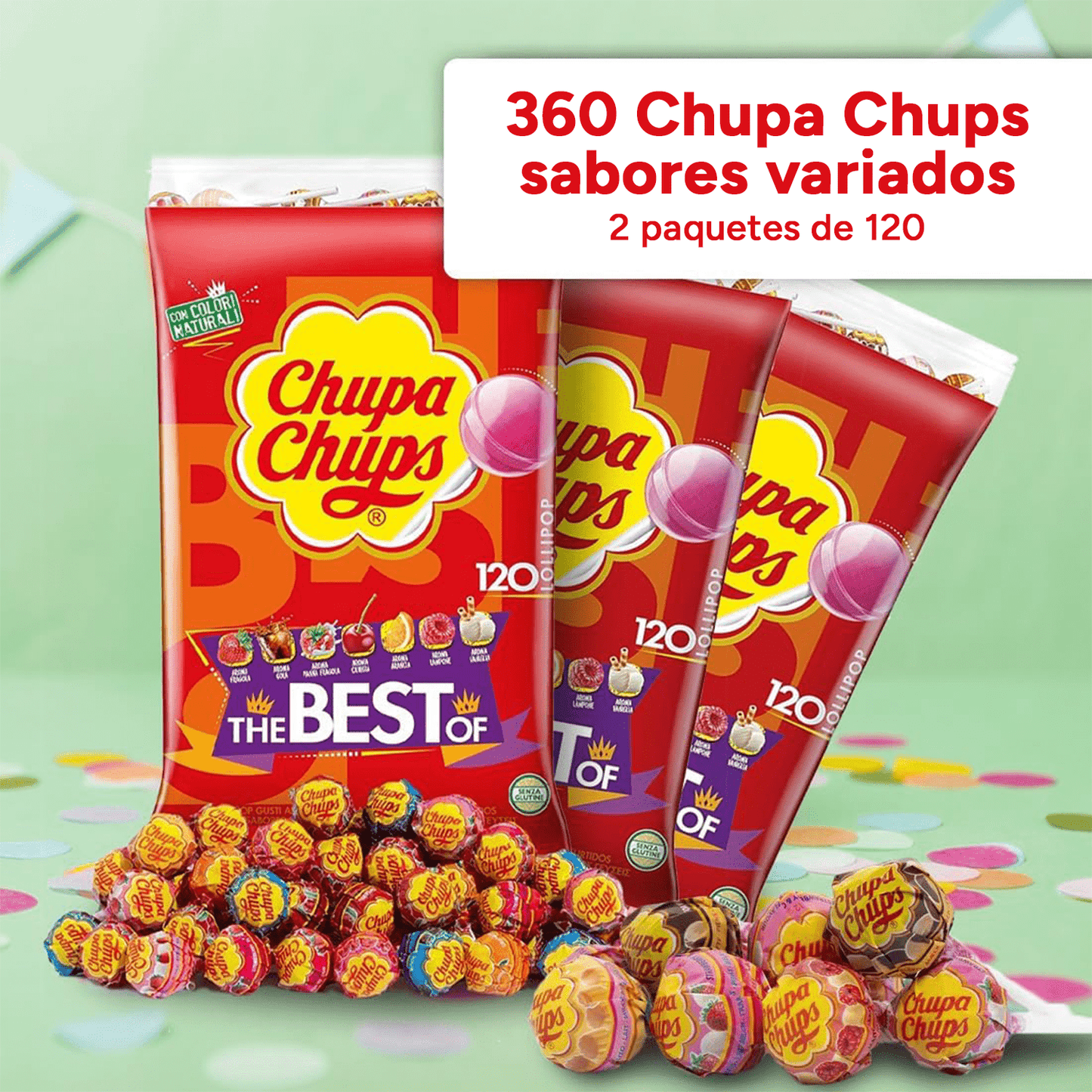Chupa Chups Caramelo con Palo de Sabores Variados, Piruleta Caramelo, 120/240/360 Chupa Chups