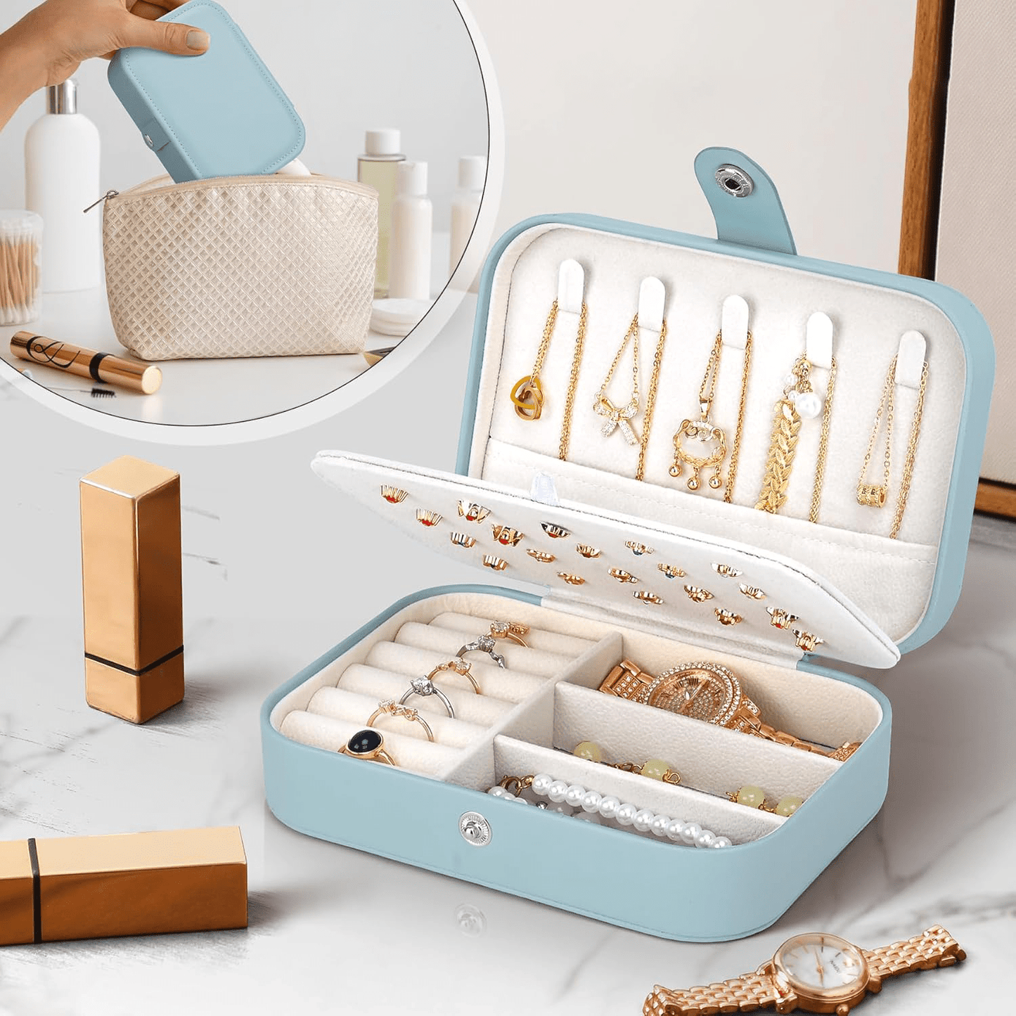 Joyeros Organizador de Mujer con Múltiples Compartimentos y Espacios, Impermeable, Cremallera Resistente, Interior Suave para Proteger las Joyas del Desgaste, 16cm Largo x 11.5cm Ancho x 5cm Alto, Caja Organizadora de Joyas