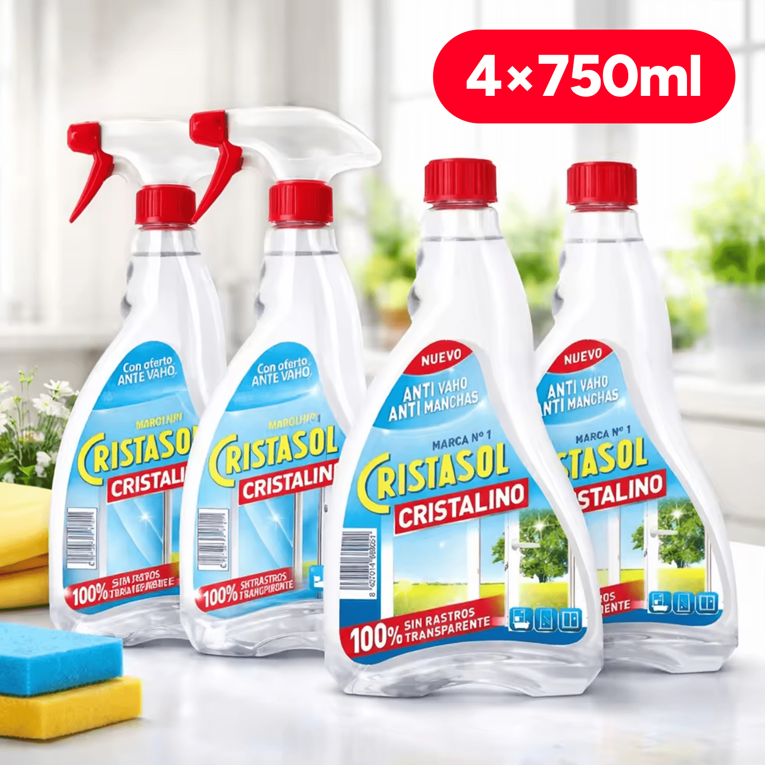 CRISTASOL Cristalino Limpiador para Cristales Líquido en Spray, Para Limpieza de Ventanas, Espejos y Superficies de Vidrio o Cristal Sin Dejar Rastros o Marcas, Pack 2 Pistolas 750ml + 2 Recambios de 750ml, 3L en Total