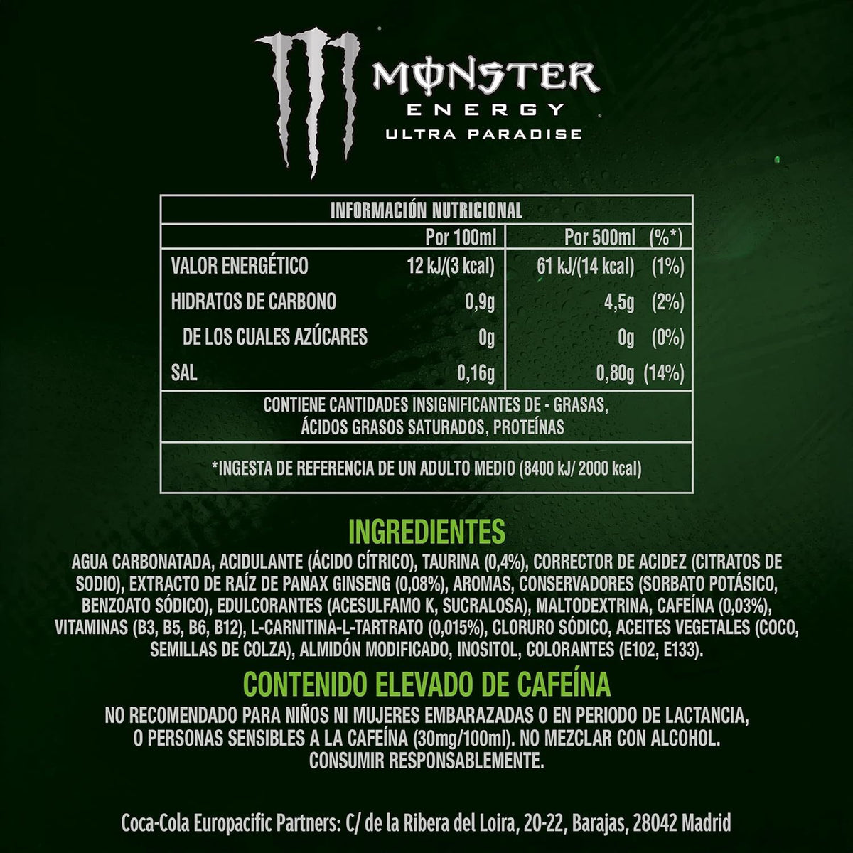 MONSTER ENERGY Ultra Paradise Bebida Energética Sabor Kiwi y Lima, Sin Azúcar, 12 Latas de 500ml
