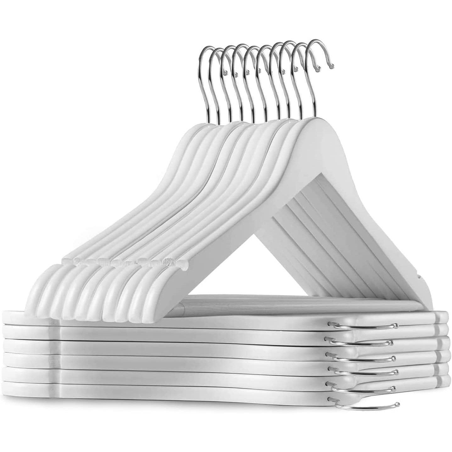 Perchas Ropa de Madera Maciza de Color Blanco, Gancho Rotatorio de 360º, Barra Horizontal, Muecas de Sujeción, Acabado en Vinilo, Perchas para Chaquetas, Trajes, Abrigos, Sudaderas