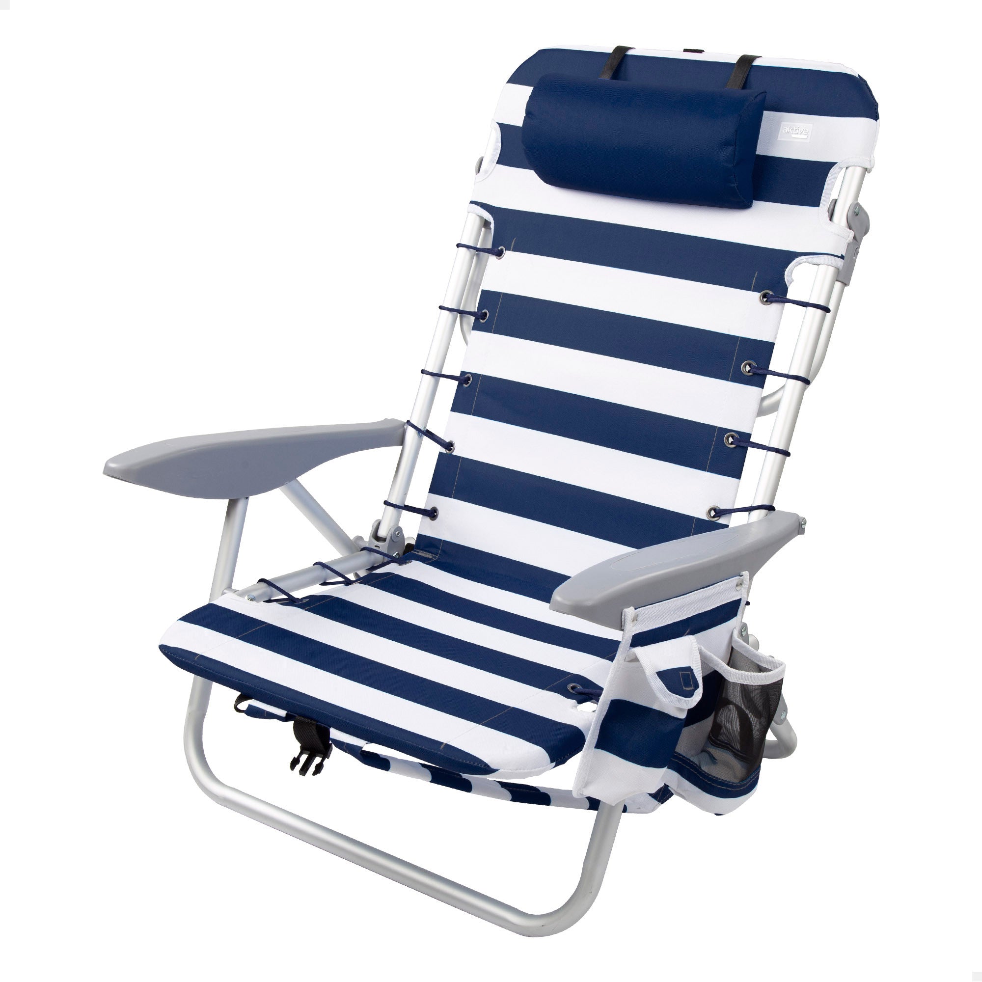 Silla Plegable Playa Reclinable y Resistente. Soporta hasta 110kg. 4 Posiciones, Respaldo Reclinable, Cojín Acolchado, Bolsillo Lateral. Sistema Antivuelco. Hecha de Aluminio y Poliéster. Ideal para Playa, Jardín, Terraza o Camping. 50x45x76cm