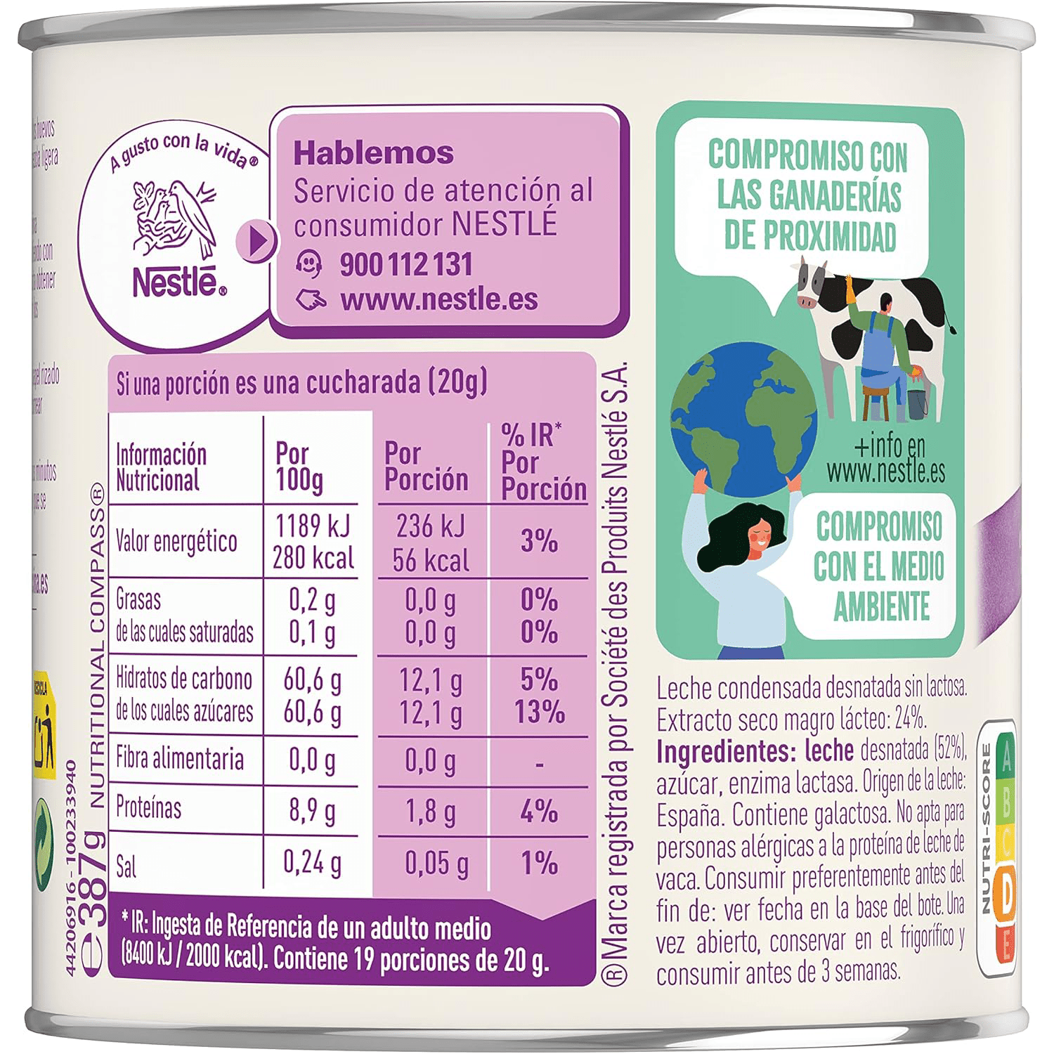 NESTLÉ LA LECHERA Leche Condensada Desnatada Sin Lactosa, Lata de 387g