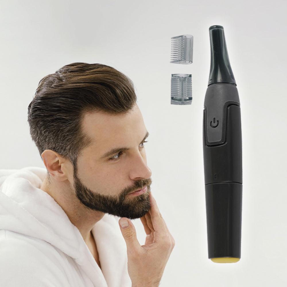 Recortadora Facial de Precisión con Luz LED, Cortapelo de Precisión con Cuchilla de Acero, Incluye 2 Peines Guía y 1 Cepillo de Limpieza, Mango Antideslizante, Funciona con 1 Pila AA (no incluida)