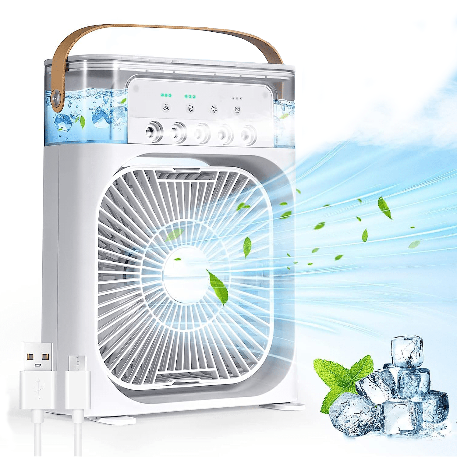 Ventilador Potente de Mesa 5 en 1 con Humidificador, 5 Pulverizadores, 3 Velocidades, LED de 7 Colores, Temporizador y Tanque Extraíble. Portátil, Silencioso y Multifuncional para Escritorio, Hogar u Oficina